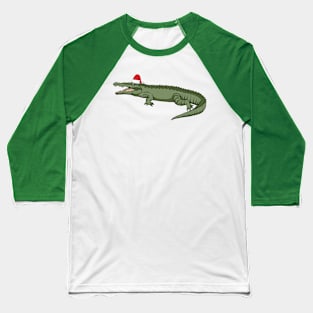 Santa Hat-Wearing Alligator Funny Christmas Holiday Baseball T-Shirt